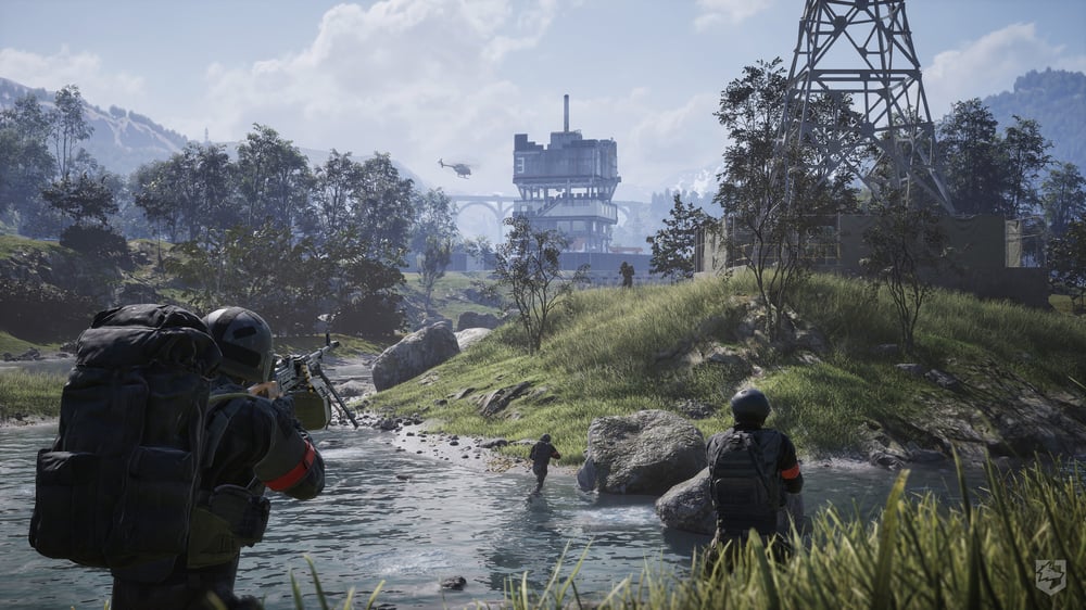 Official WARDOGS screenshot of soldiers crossing a river with a helicopter overhead